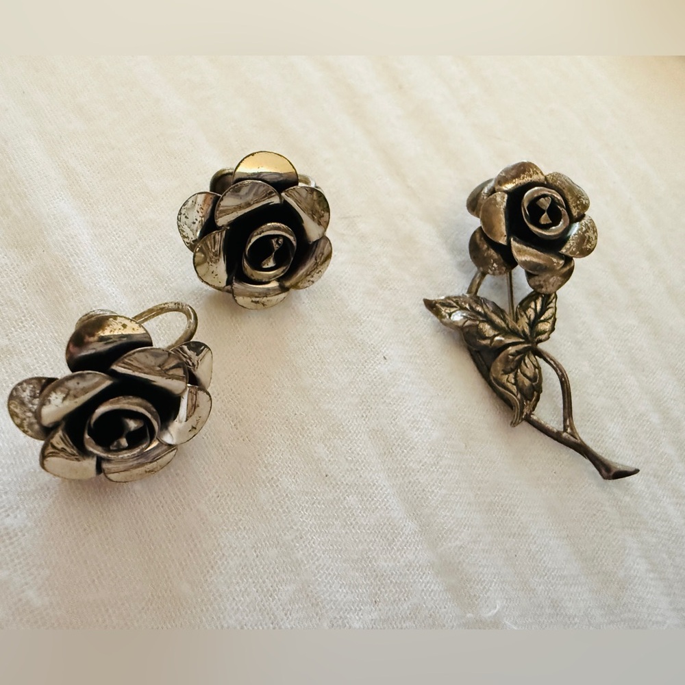 Beau silver rose earrings and brooch. Sterling.